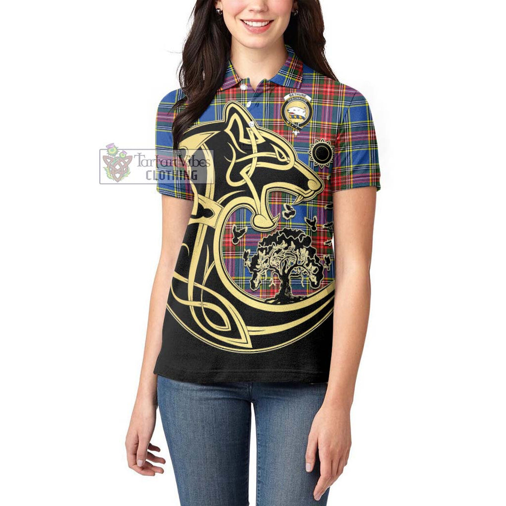 Bethune Tartan Women's Polo Shirt with Family Crest Celtic Wolf Style - Tartanvibesclothing Shop