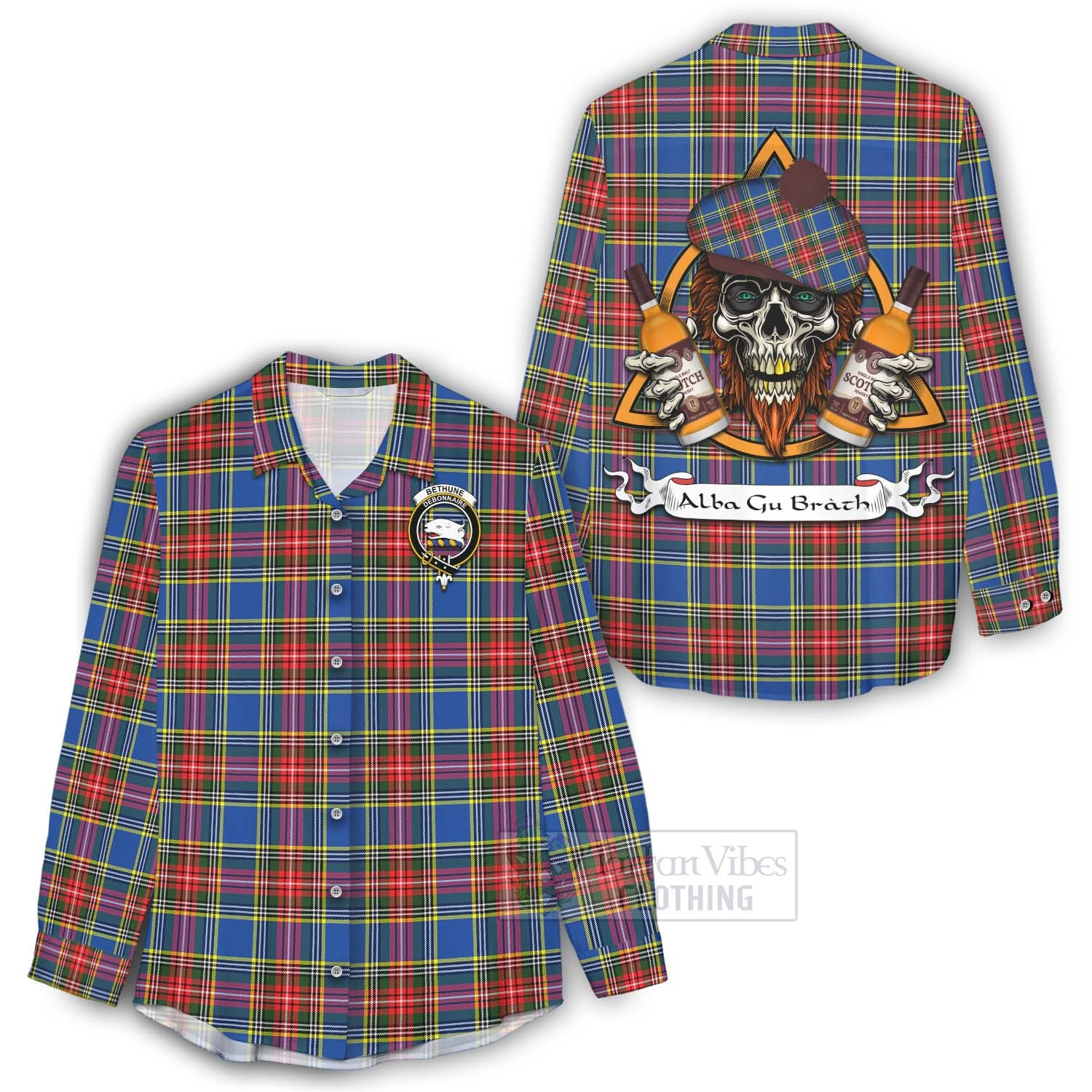 Tartan Vibes Clothing Bethune Tartan Women's Casual Shirt with Family Crest and Bearded Skull Holding Bottles of Whiskey