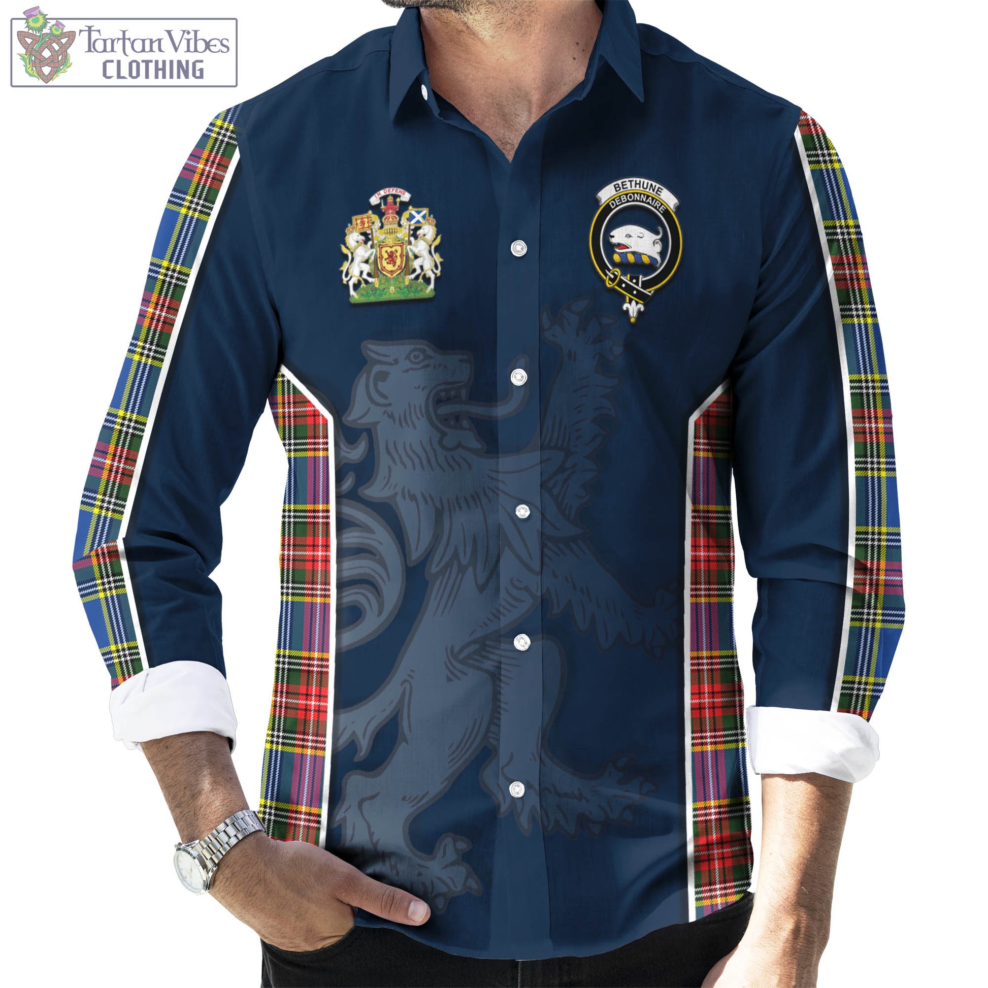 Tartan Vibes Clothing Bethune Tartan Long Sleeve Button Up Shirt with Family Crest and Lion Rampant Vibes Sport Style