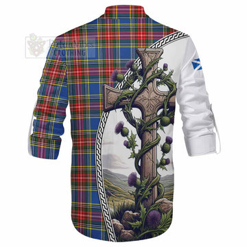 Bethune Tartan Ghillie Kilt Shirt with Family Crest and St. Andrew's Cross Accented by Thistle Vines