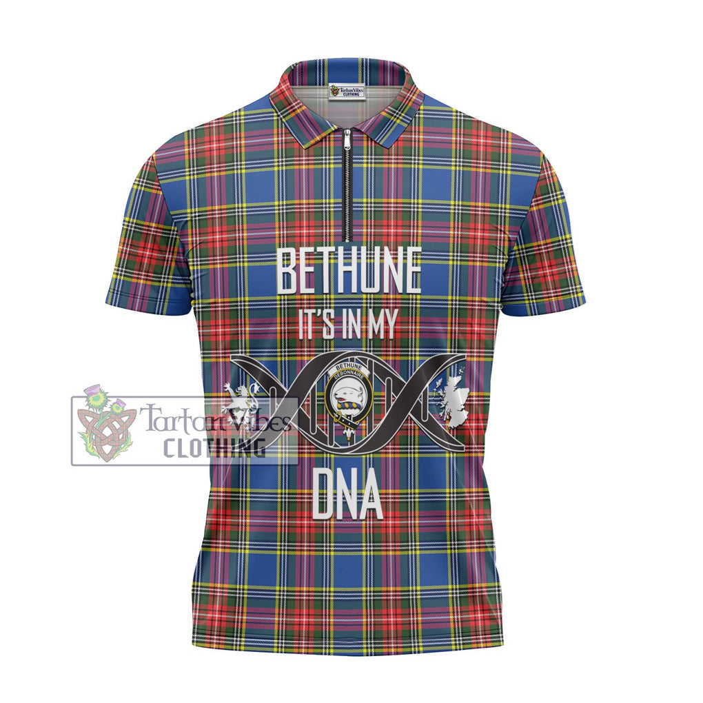 Bethune Tartan Zipper Polo Shirt with Family Crest DNA In Me Style - Tartanvibesclothing Shop