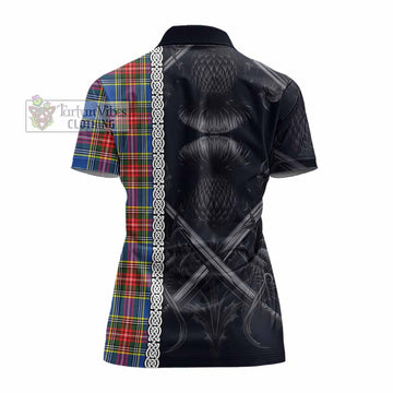 Bethune Tartan Women's Polo Shirt with Family Crest Cross Sword Thistle Celtic Vibes