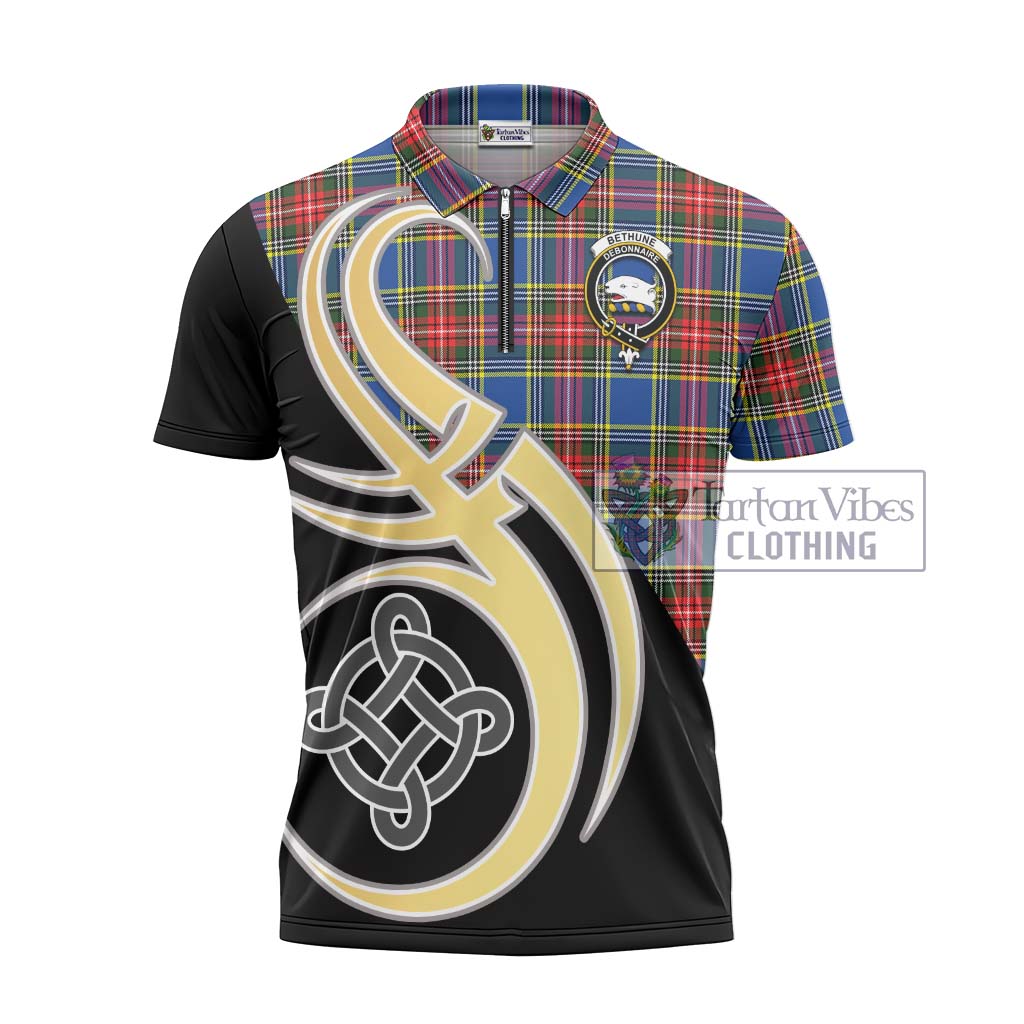 Tartan Vibes Clothing Bethune Tartan Zipper Polo Shirt with Family Crest and Celtic Symbol Style