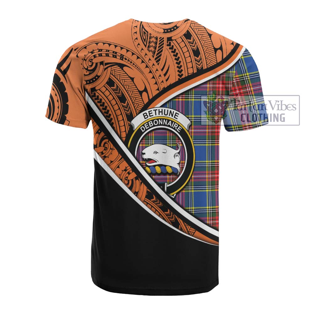 Tartan Vibes Clothing Bethune Crest Tartan Cotton T-shirt with Maori Tattoo Style - Orange Version