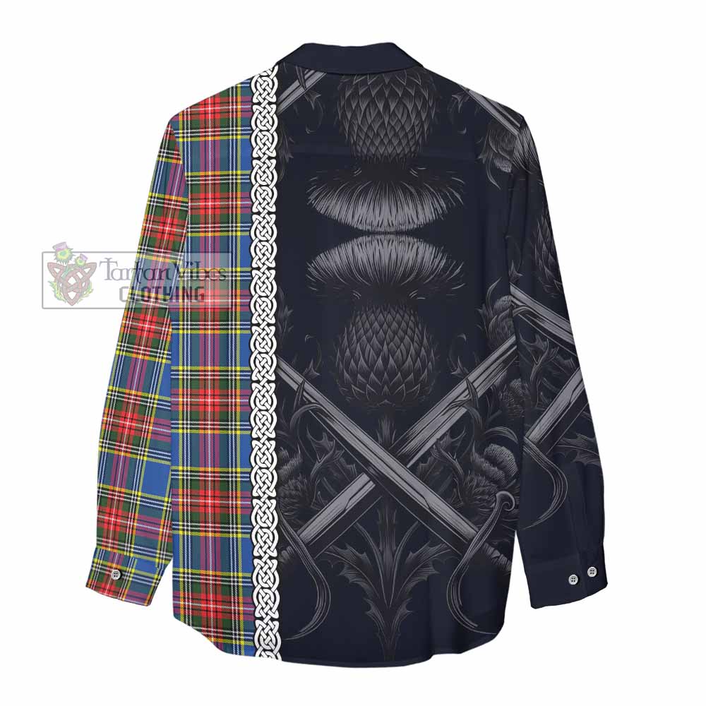 Tartan Vibes Clothing Bethune Tartan Women's Casual Shirt with Family Crest Cross Sword Thistle Celtic Vibes