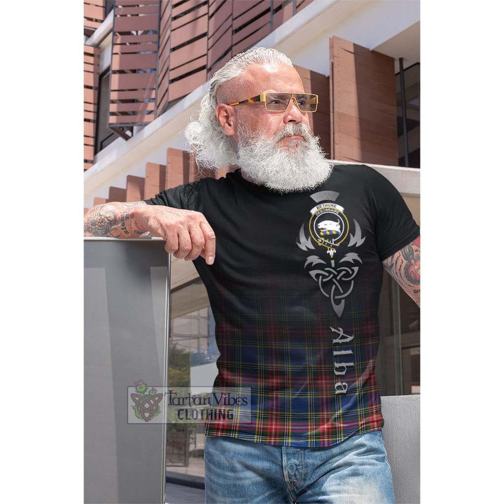 Tartan Vibes Clothing Bethune Tartan Cotton T-shirt Featuring Alba Gu Brath Family Crest Celtic Inspired