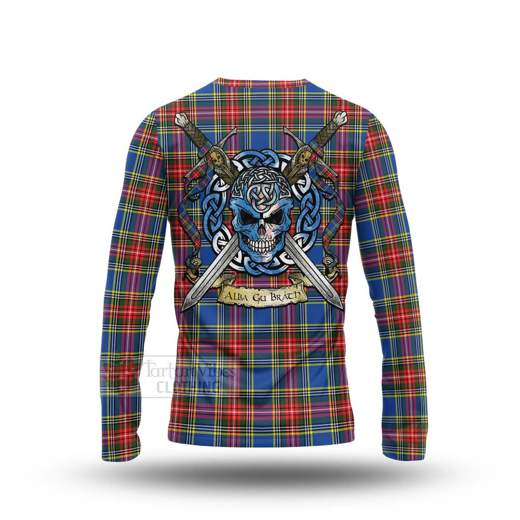 Tartan Vibes Clothing Bethune Tartan Long Sleeve T-Shirt with Family Crest Celtic Skull Style