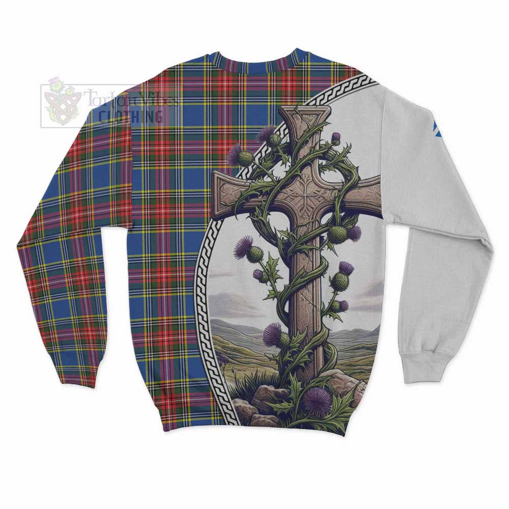 Tartan Vibes Clothing Bethune Tartan Sweatshirt with Family Crest and St. Andrew's Cross Accented by Thistle Vines