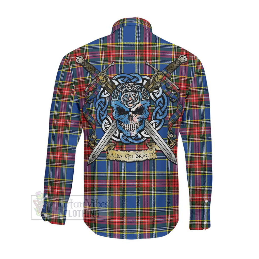 Tartan Vibes Clothing Bethune Tartan Long Sleeve Button Shirt with Family Crest Celtic Skull Style