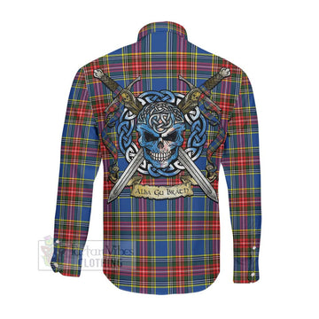 Bethune Tartan Long Sleeve Button Shirt with Family Crest Celtic Skull Style