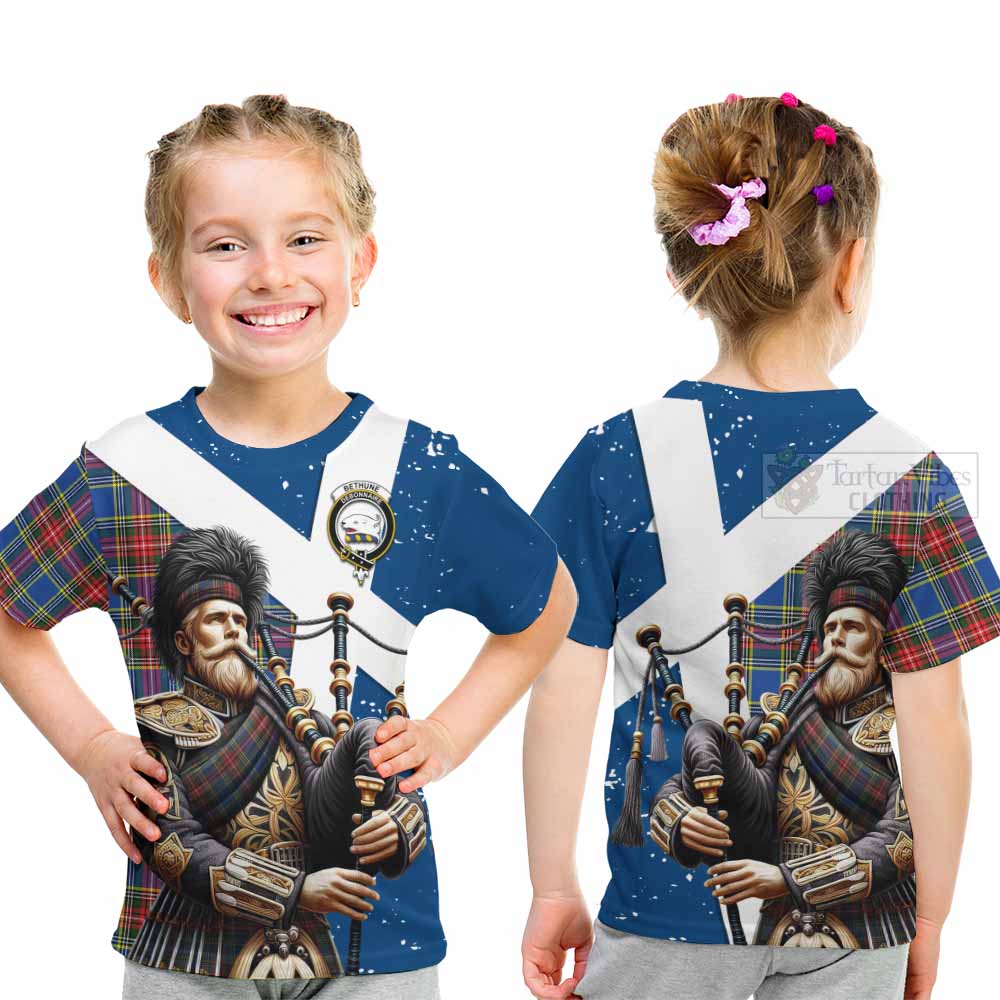 Tartan Vibes Clothing Bethune Tartan Kid T-Shirt with Family Crest Scottish Bagpiper Vibes