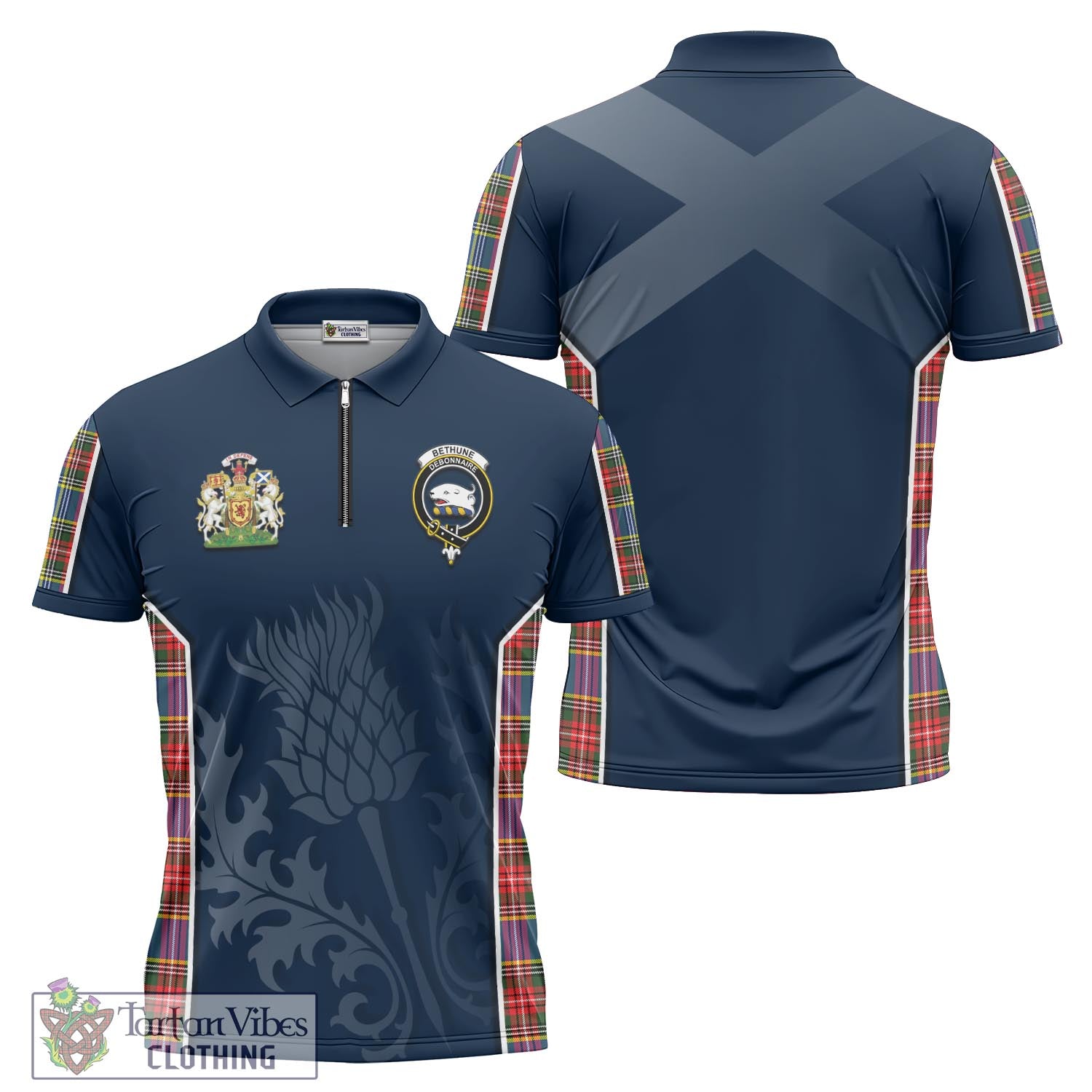 Tartan Vibes Clothing Bethune Tartan Zipper Polo Shirt with Family Crest and Scottish Thistle Vibes Sport Style