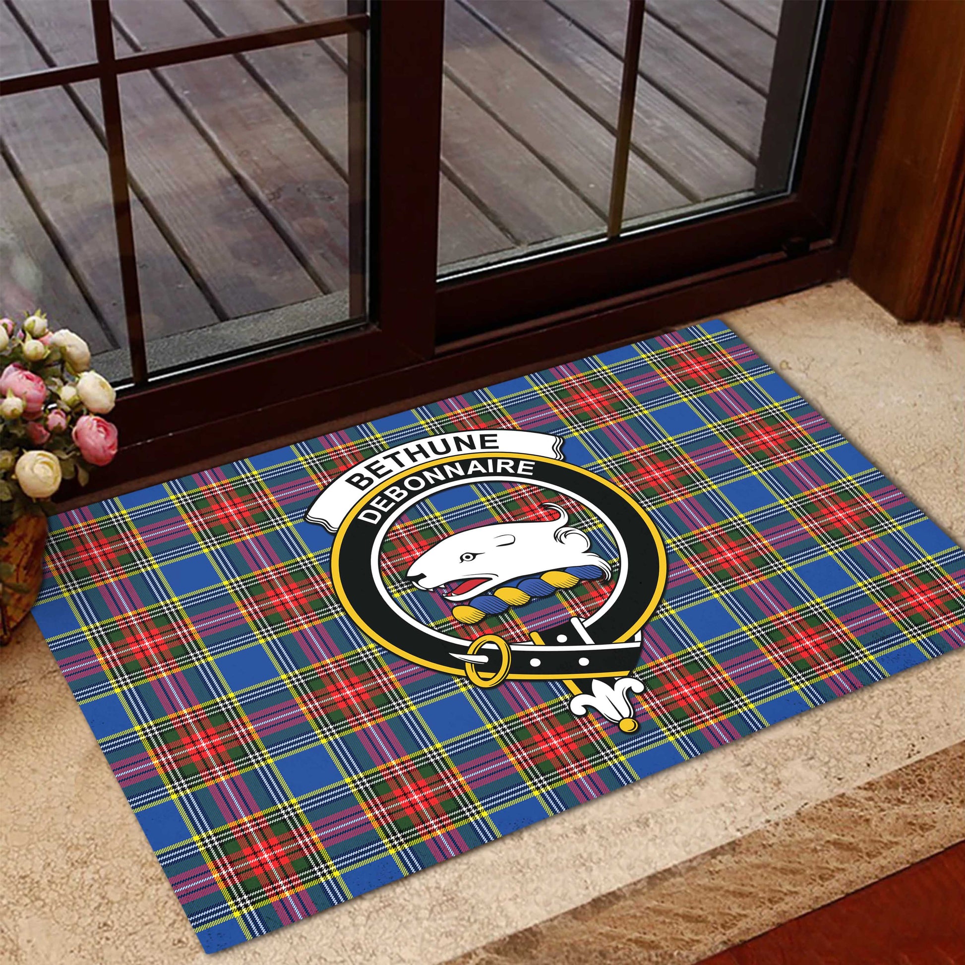 Bethune Tartan Door Mat with Family Crest - Tartanvibesclothing