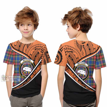 Bethune Crest Tartan Kid T-Shirt with Polynesian Vibes Style - Orange Version