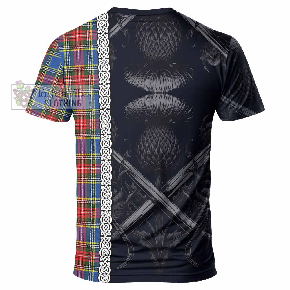 Tartan Vibes Clothing Bethune Tartan T-Shirt with Family Crest Cross Sword Thistle Celtic Vibes