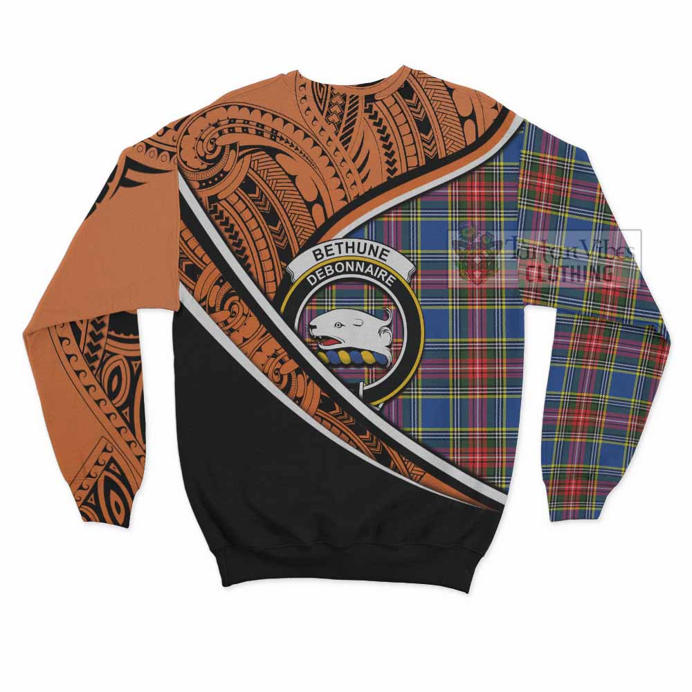 Tartan Vibes Clothing Bethune Crest Tartan Sweatshirt with Maori Tattoo Style - Orange Version