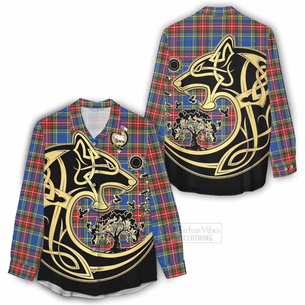 Tartan Vibes Clothing Bethune Tartan Women's Casual Shirt with Family Crest Celtic Wolf Style