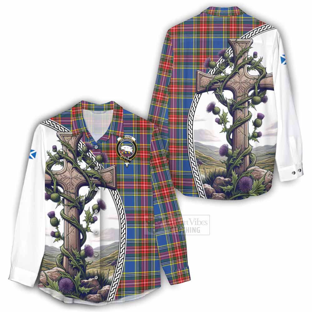 Tartan Vibes Clothing Bethune Tartan Women's Casual Shirt with Family Crest and St. Andrew's Cross Accented by Thistle Vines