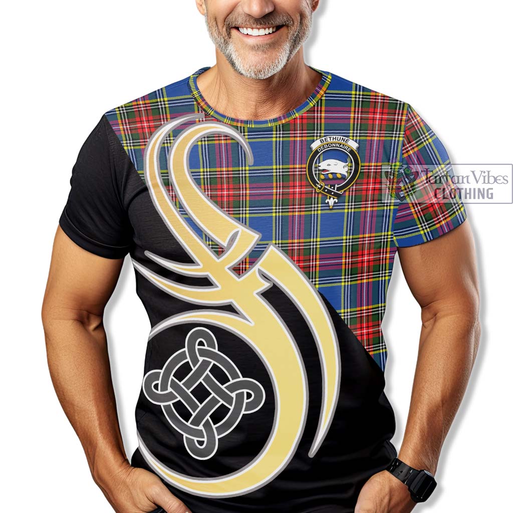 Tartan Vibes Clothing Bethune Tartan T-Shirt with Family Crest and Celtic Symbol Style