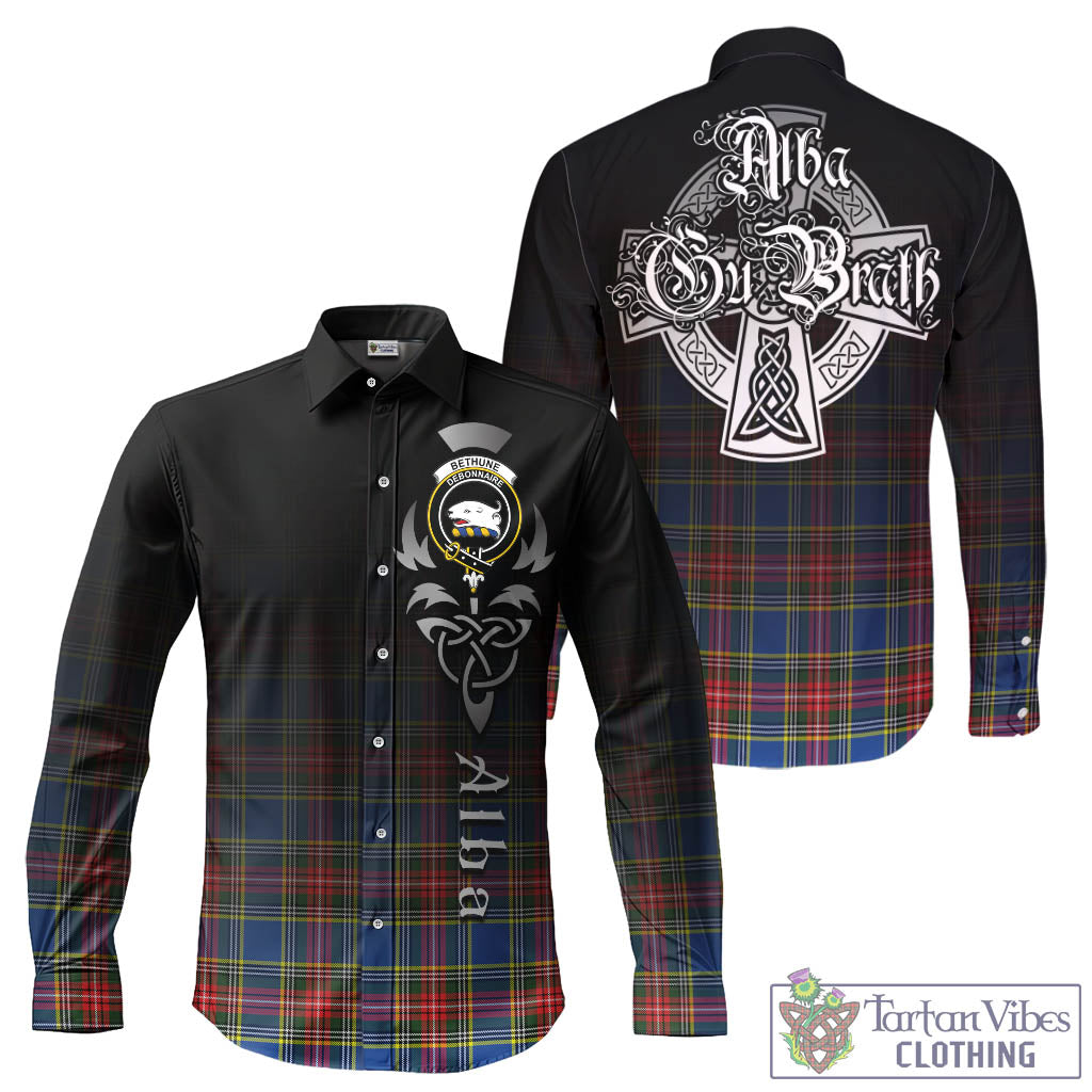 Tartan Vibes Clothing Bethune Tartan Long Sleeve Button Up Featuring Alba Gu Brath Family Crest Celtic Inspired