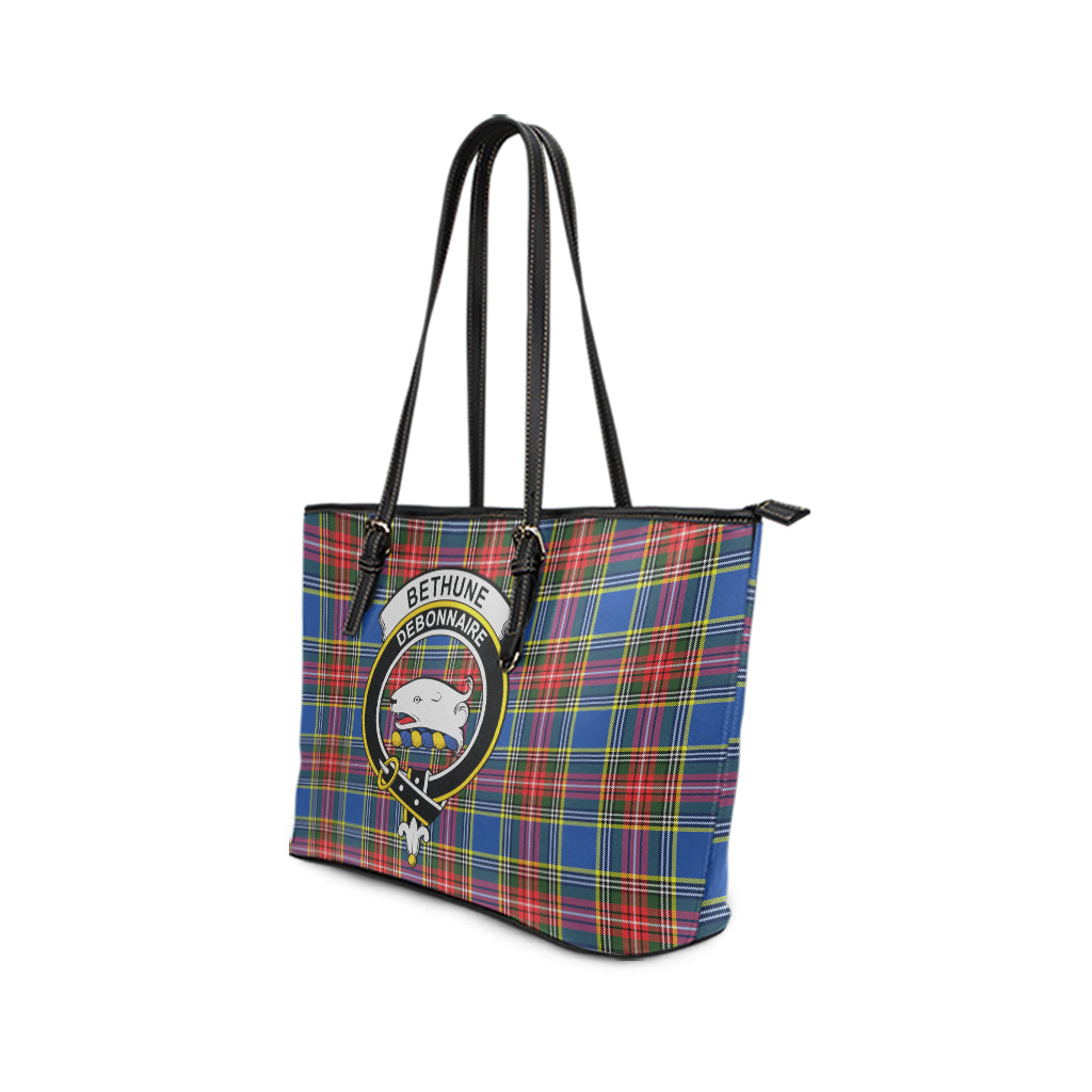 Bethune Tartan Leather Tote Bag with Family Crest - Tartanvibesclothing