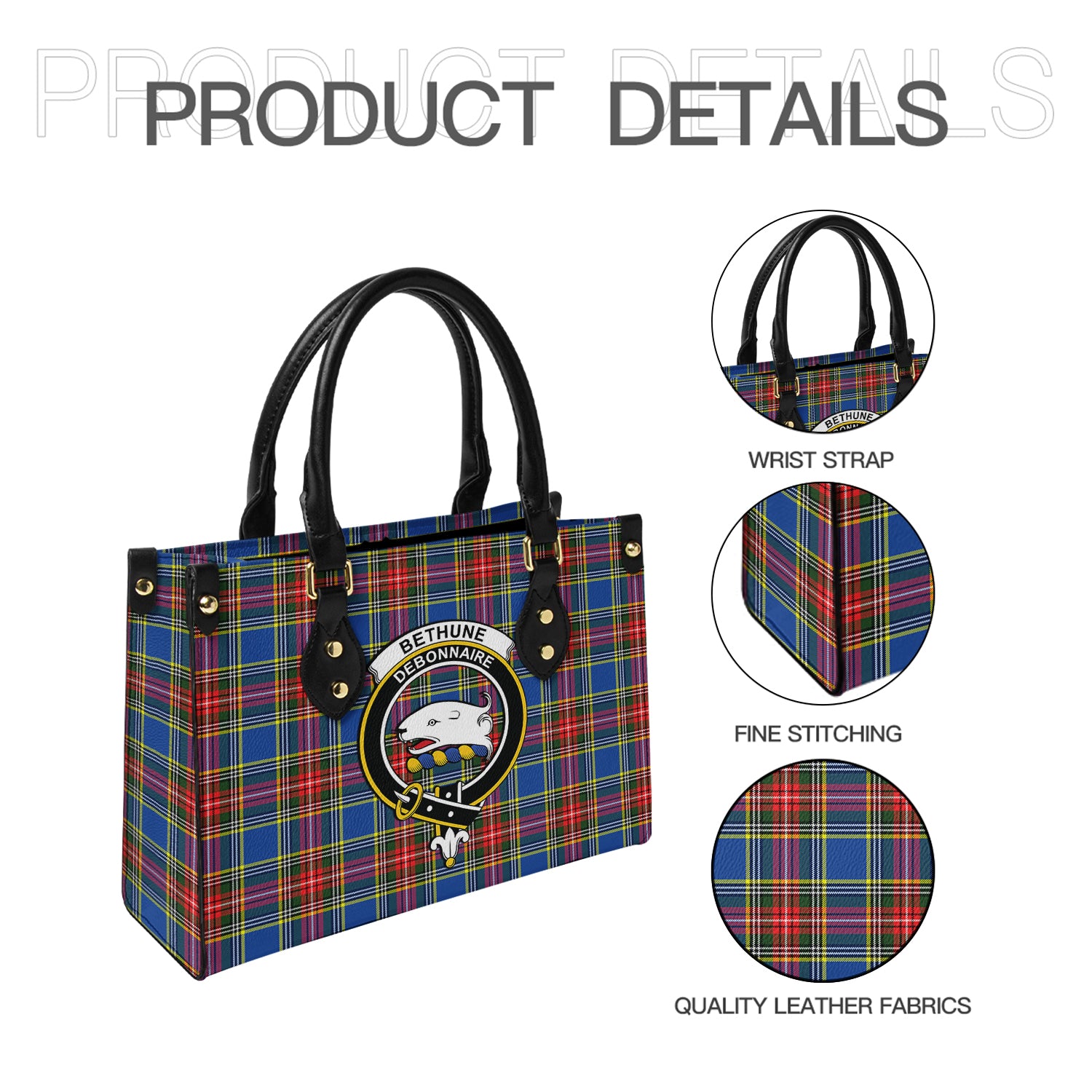 Bethune Tartan Leather Bag with Family Crest - Tartanvibesclothing