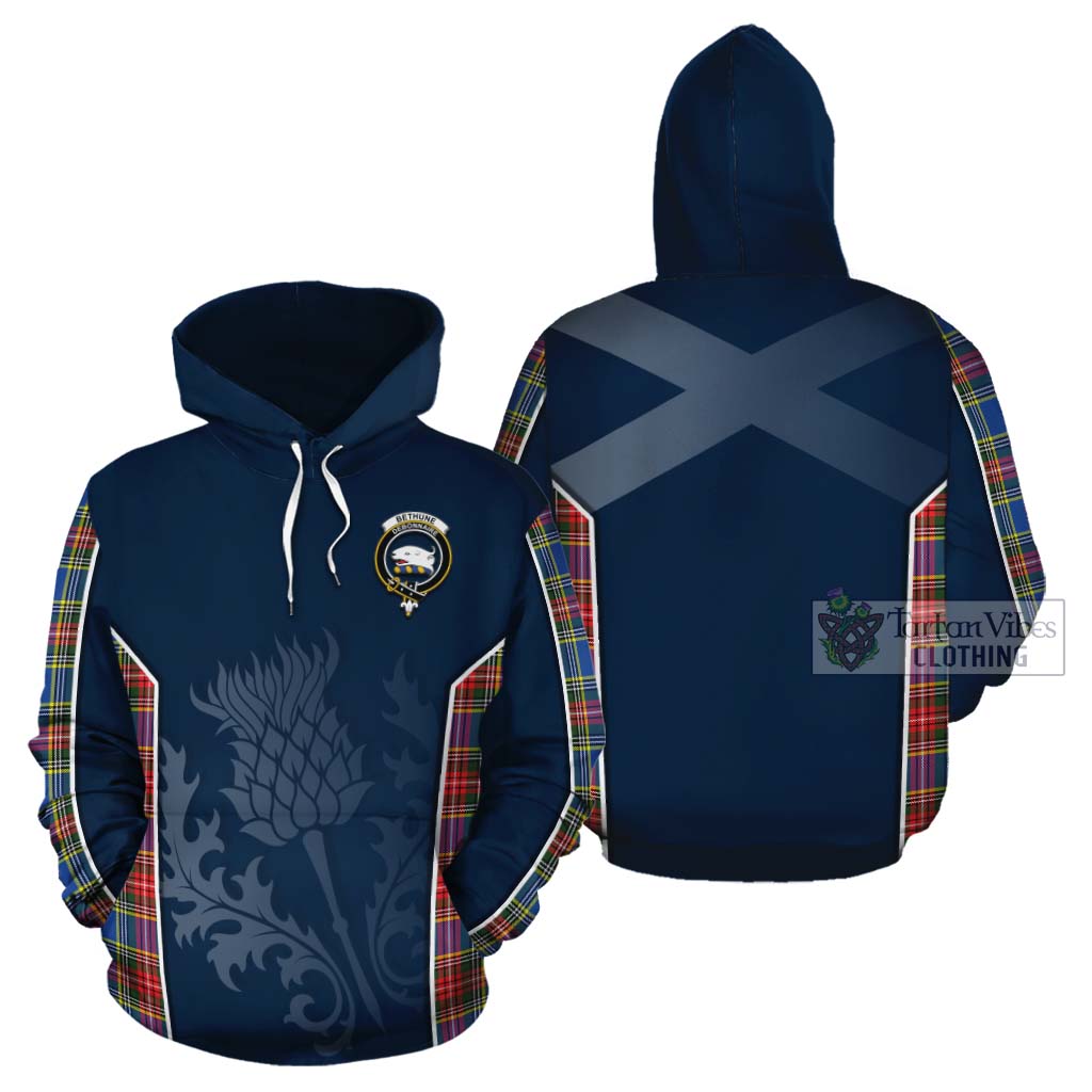 Tartan Vibes Clothing Bethune Tartan Cotton Hoodie with Family Crest and Scottish Thistle Vibes Sport Style