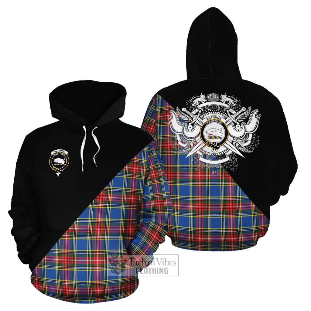 Tartan Vibes Clothing Bethune Tartan Cotton Hoodie with Family Crest and Military Logo Style