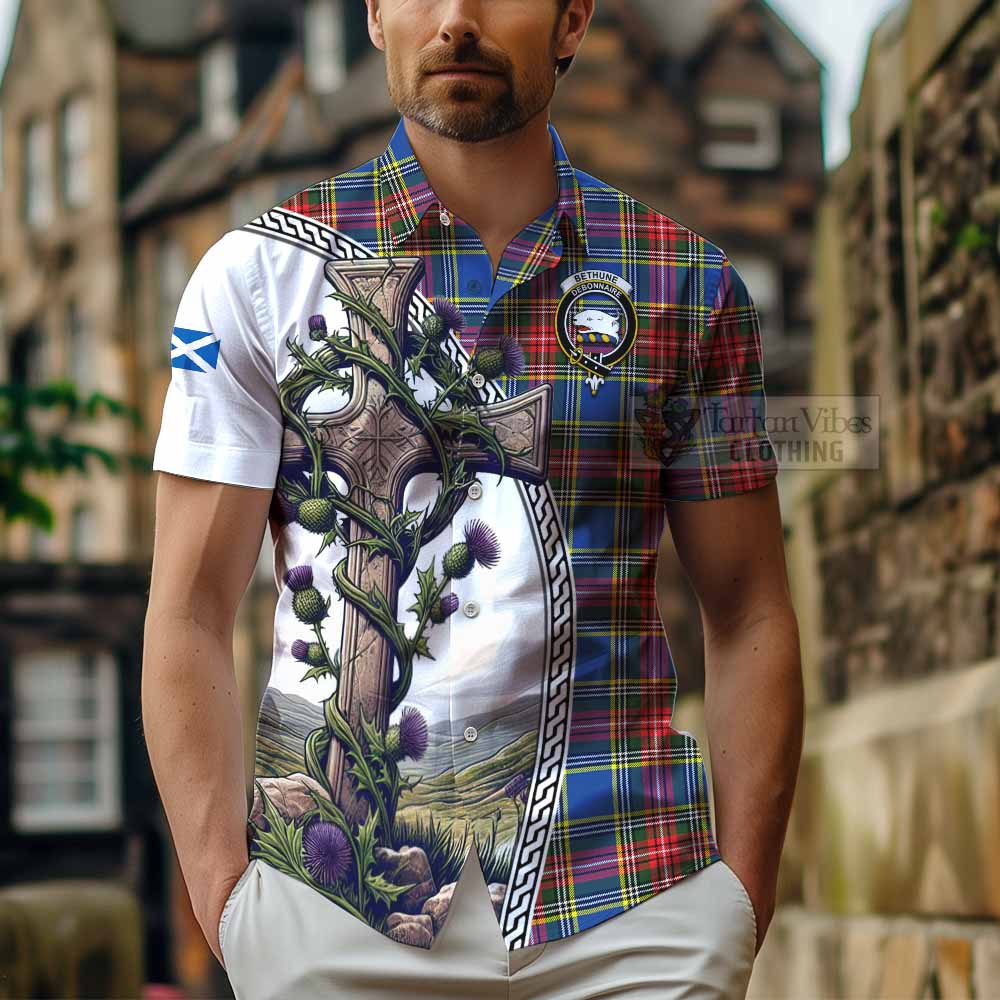 Tartan Vibes Clothing Bethune Tartan Short Sleeve Button Shirt with Family Crest and St. Andrew's Cross Accented by Thistle Vines