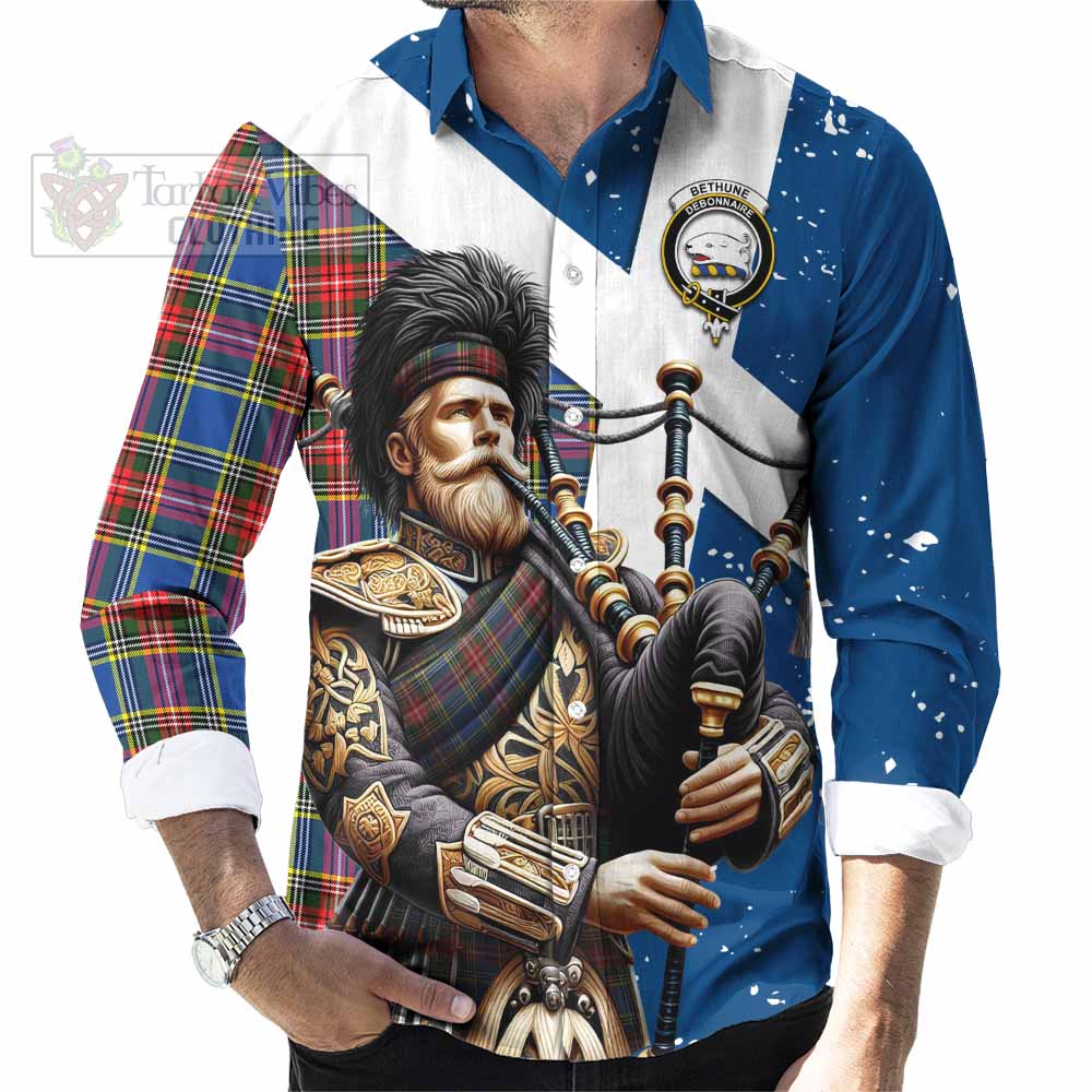 Tartan Vibes Clothing Bethune Tartan Long Sleeve Button Shirt with Family Crest Scottish Bagpiper Vibes