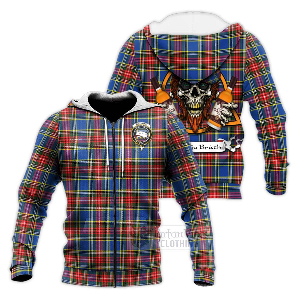 Tartan Vibes Clothing Bethune Tartan Knitted Hoodie with Family Crest and Bearded Skull Holding Bottles of Whiskey