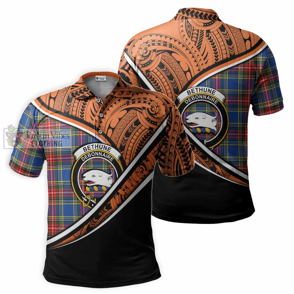 Tartan Vibes Clothing Bethune Crest Tartan Polo Shirt with Maori Tattoo Style - Orange Version