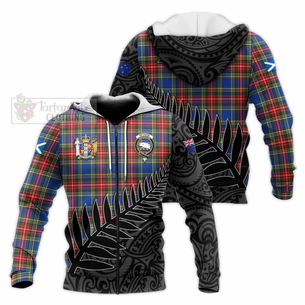 Tartan Vibes Clothing Bethune Crest Tartan Knitted Hoodie with New Zealand Silver Fern Half Style