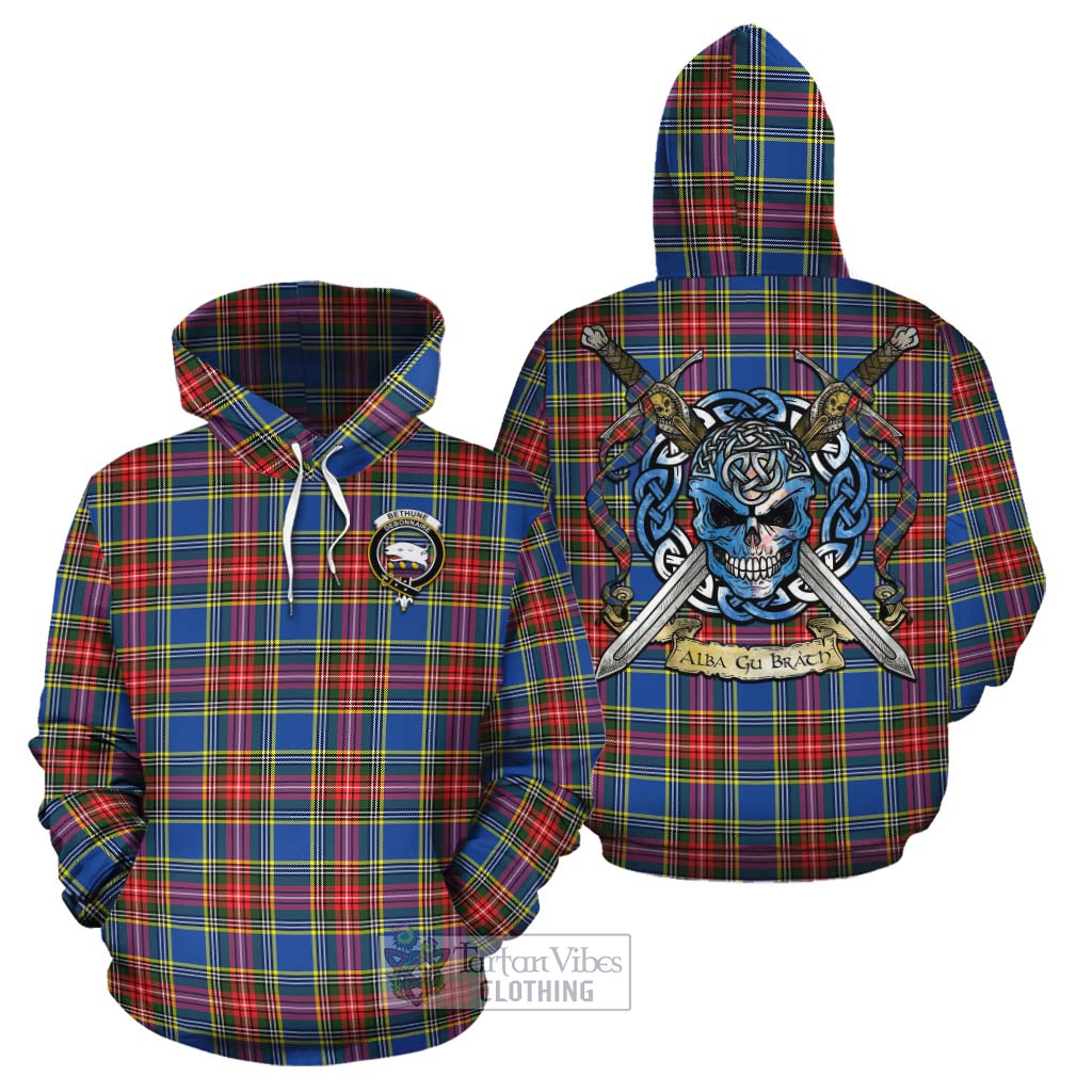 Tartan Vibes Clothing Bethune Tartan Cotton Hoodie with Family Crest Celtic Skull Style