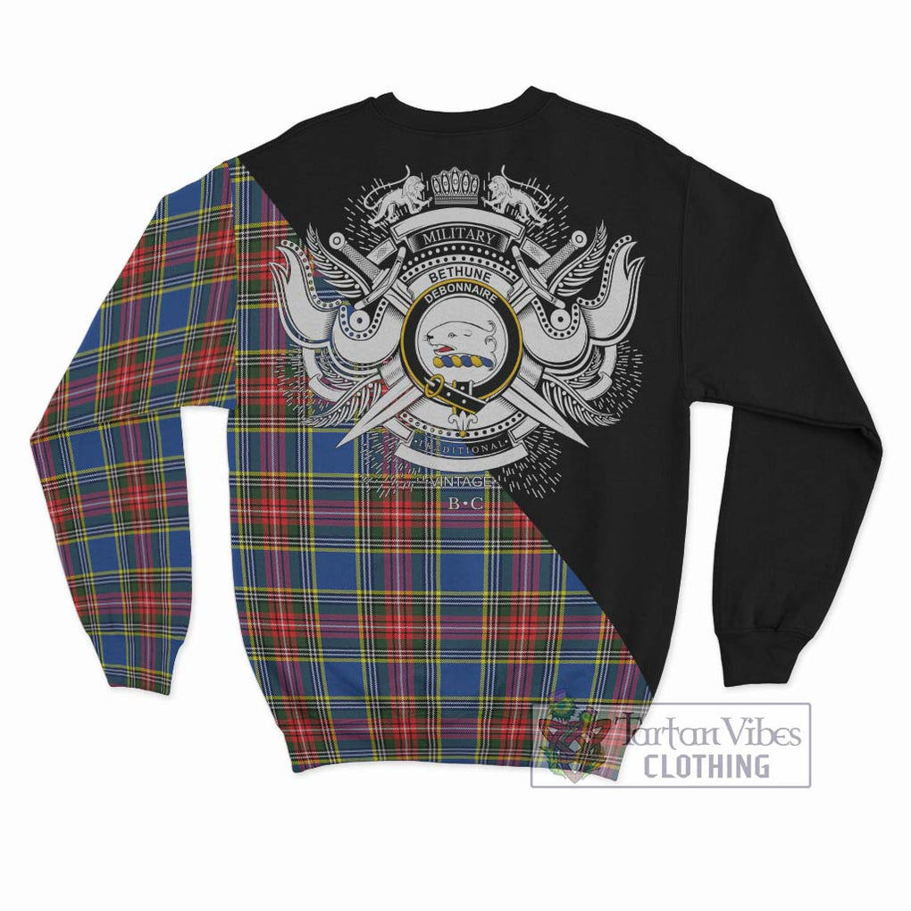 Bethune Tartan Sweatshirt with Family Crest and Military Logo Style - Tartanvibesclothing Shop