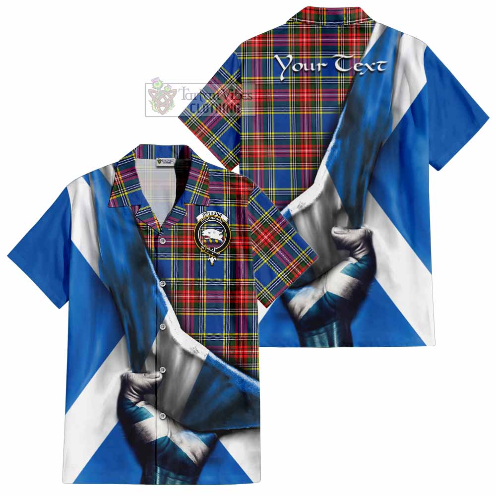 Tartan Vibes Clothing Bethune Tartan Short Sleeve Button Shirt with Family Crest Scotland Patriotic Style