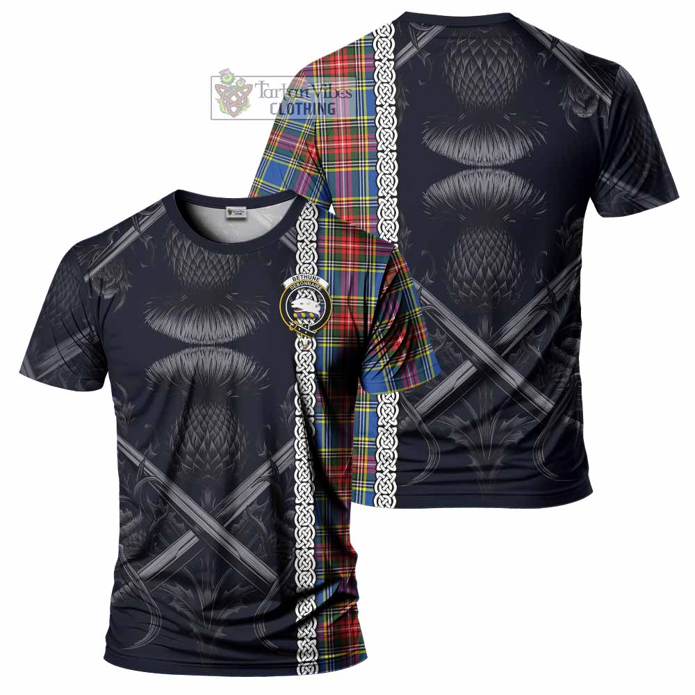 Tartan Vibes Clothing Bethune Tartan T-Shirt with Family Crest Cross Sword Thistle Celtic Vibes