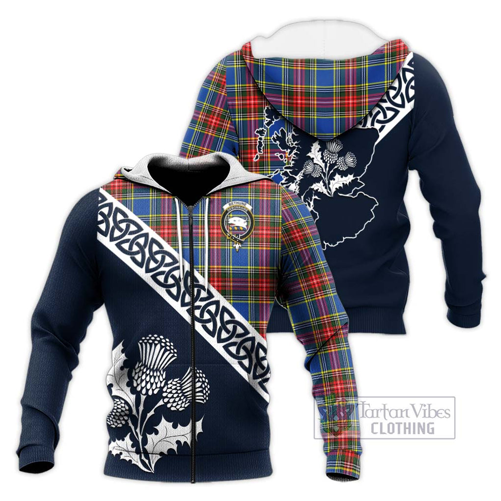 Tartan Vibes Clothing Bethune Tartan Knitted Hoodie Featuring Thistle and Scotland Map