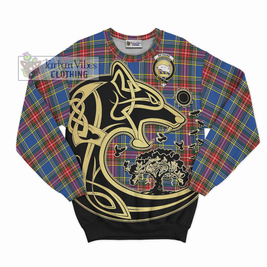 Bethune Tartan Sweatshirt with Family Crest Celtic Wolf Style - Tartan Vibes Clothing