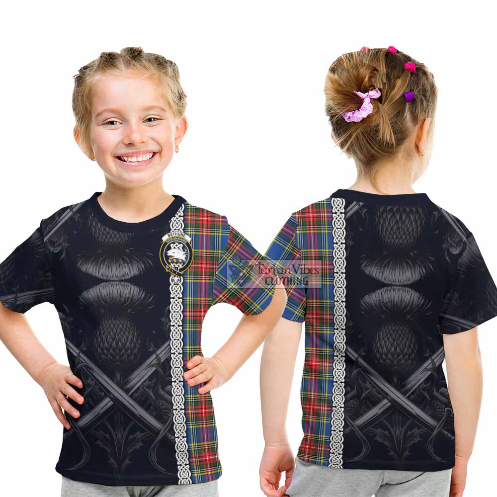 Tartan Vibes Clothing Bethune Tartan Kid T-Shirt with Family Crest Cross Sword Thistle Celtic Vibes