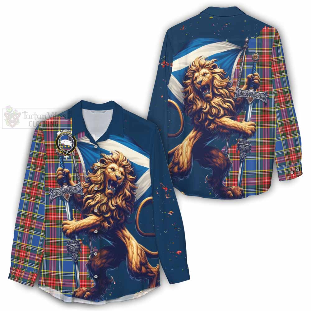 Tartan Vibes Clothing Bethune Tartan Family Crest Women's Casual Shirt with Scottish Majestic Lion