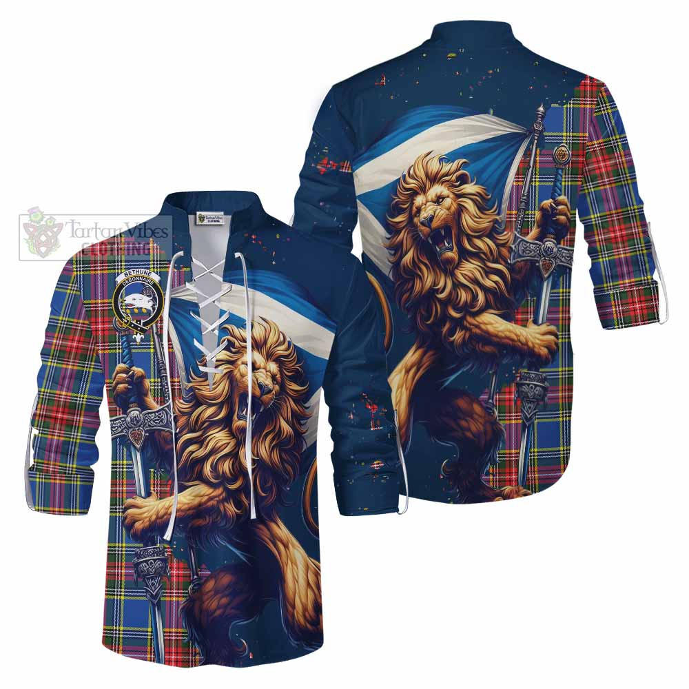 Tartan Vibes Clothing Bethune Tartan Family Crest Ghillie Kilt Shirt with Scottish Majestic Lion