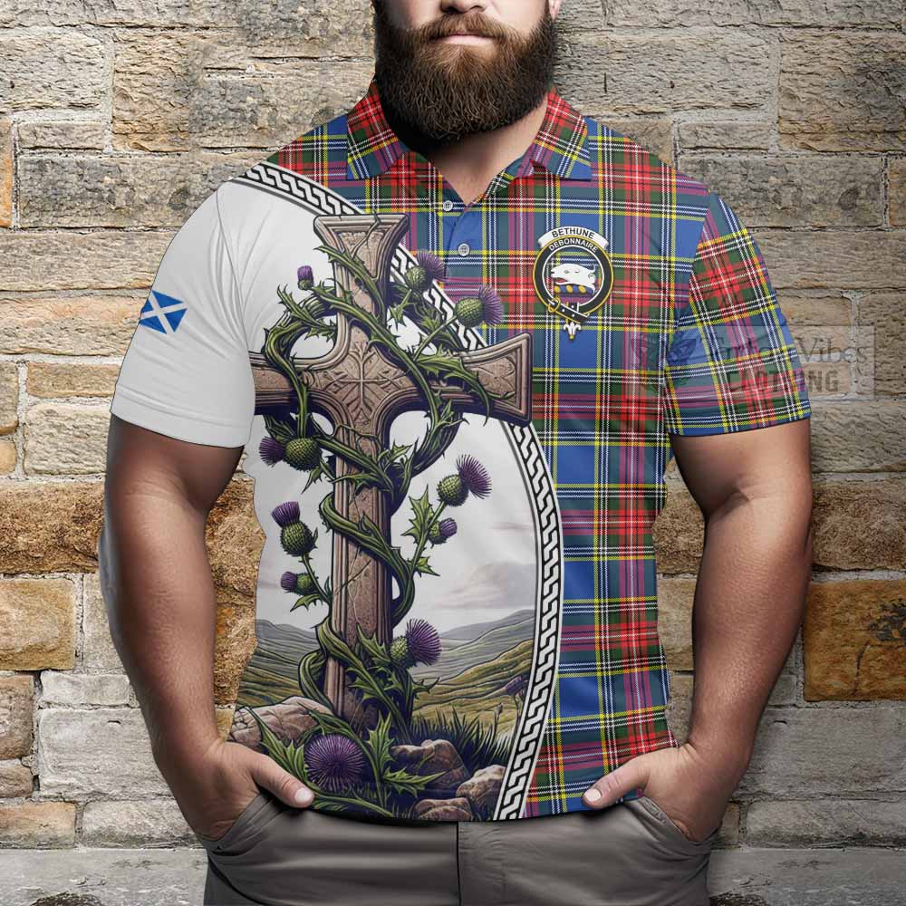 Tartan Vibes Clothing Bethune Tartan Polo Shirt with Family Crest and St. Andrew's Cross Accented by Thistle Vines