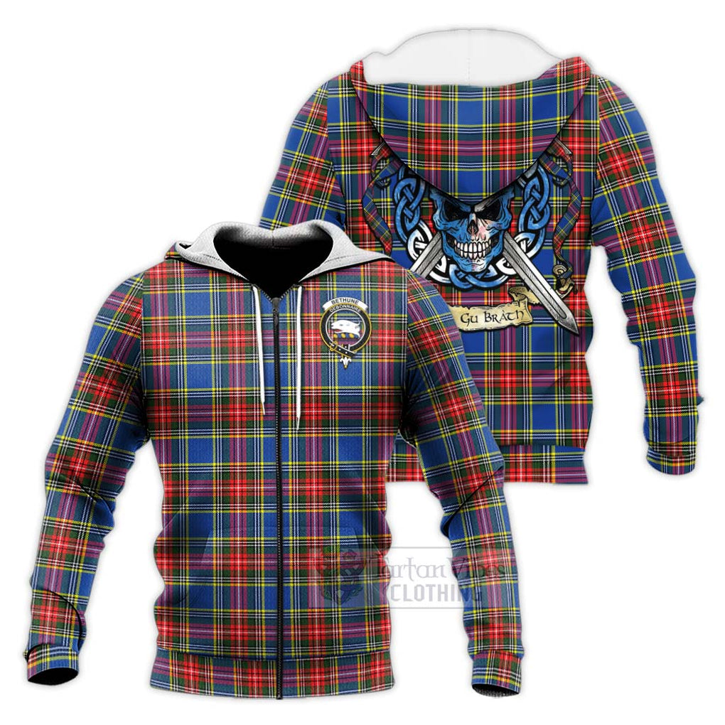 Tartan Vibes Clothing Bethune Tartan Knitted Hoodie with Family Crest Celtic Skull Style