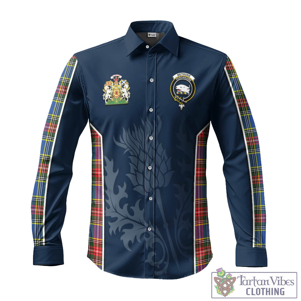 Tartan Vibes Clothing Bethune Tartan Long Sleeve Button Up Shirt with Family Crest and Scottish Thistle Vibes Sport Style