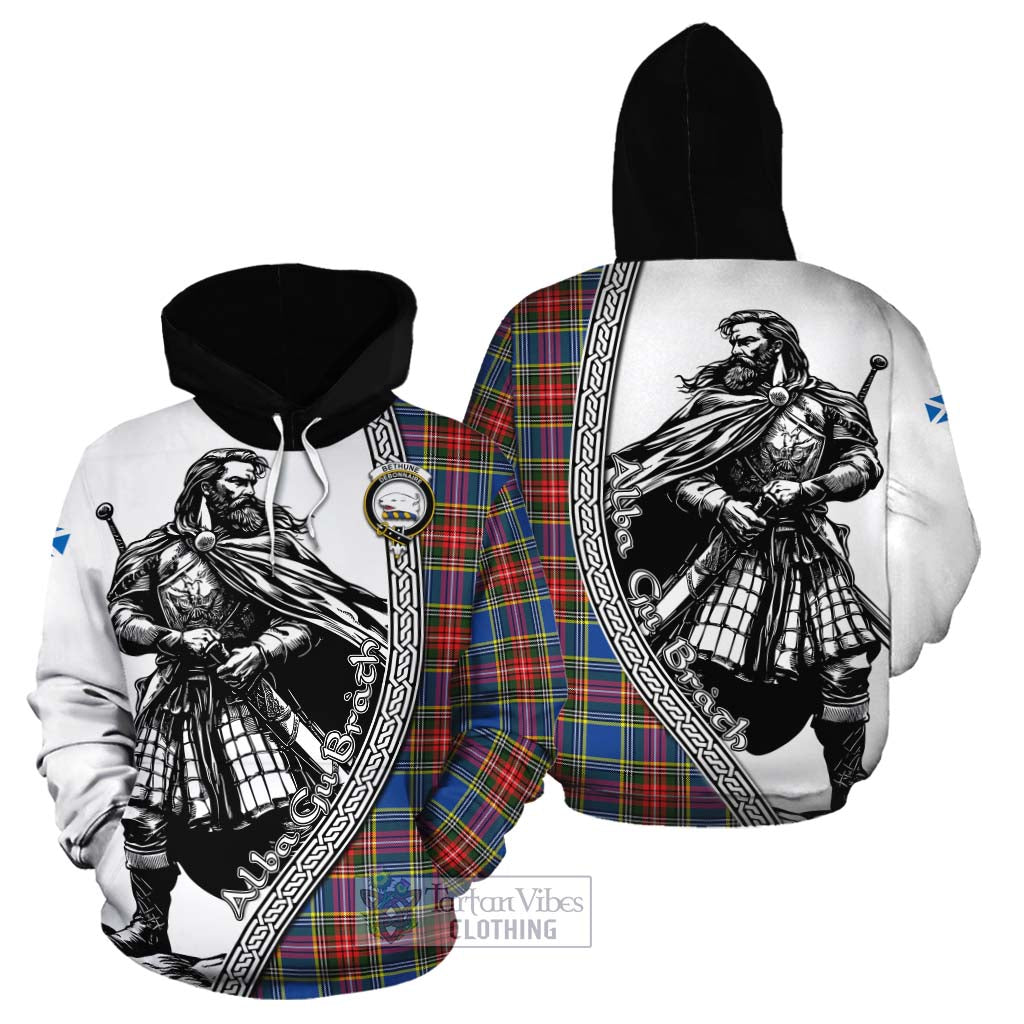 Tartan Vibes Clothing Bethune Tartan Clan Crest Cotton Hoodie with Highlander Warrior Celtic Style