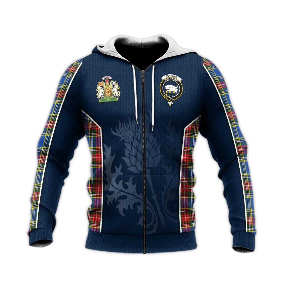 Tartan Vibes Clothing Bethune Tartan Knitted Hoodie with Family Crest and Scottish Thistle Vibes Sport Style