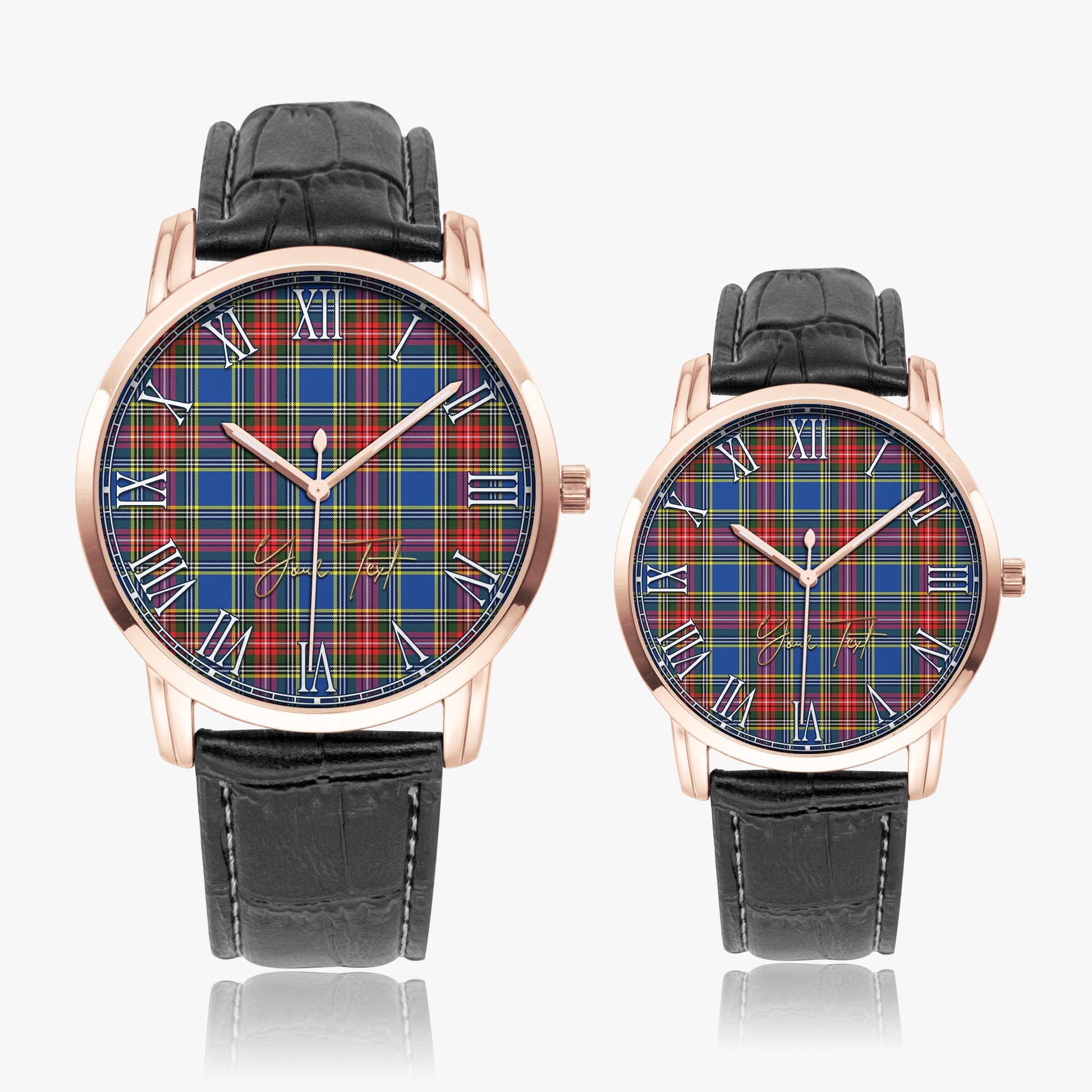 Bethune Tartan Personalized Your Text Leather Trap Quartz Watch Wide Type Rose Gold Case With Black Leather Strap - Tartanvibesclothing