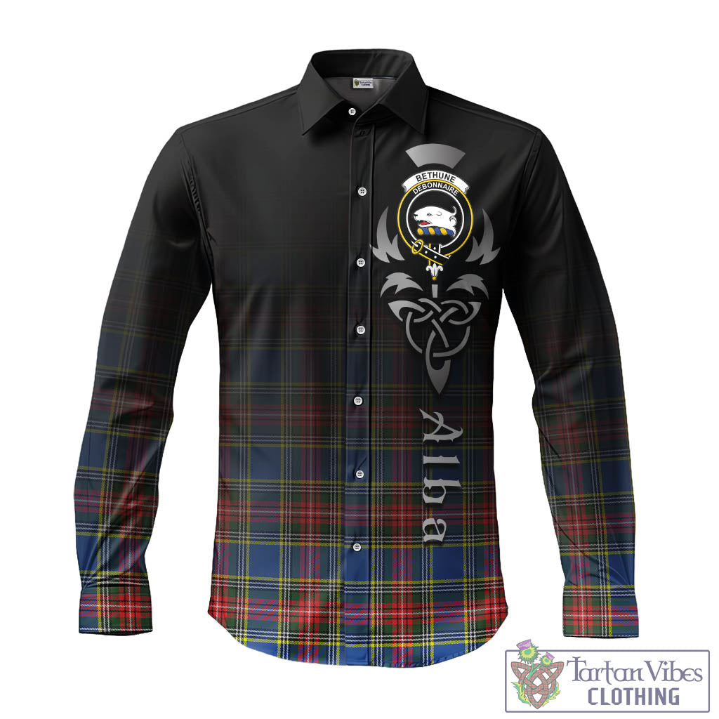 Tartan Vibes Clothing Bethune Tartan Long Sleeve Button Up Featuring Alba Gu Brath Family Crest Celtic Inspired