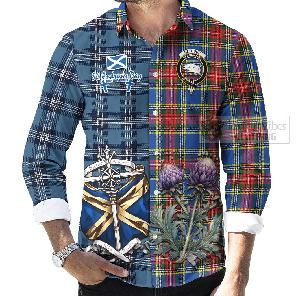 Tartan Vibes Clothing Bethune Tartan Long Sleeve Button Shirt Happy St. Andrew's Day Half Tartan Style